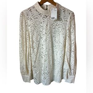 NWT H&M Lace Blouse with button wrist detail and mock neck size Large